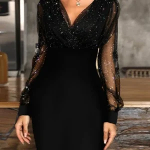 Sexy Girdle Waist V Neck Mesh Long Sleeve Slim Bodycon Sequin Dress Women Skinny Evening Mini Dress Club Party Vestidos